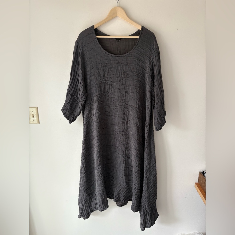 Grizas Linen/Silk Crinkle Dress Gray 3X Oversized Asymmetrical Hem Retail $282